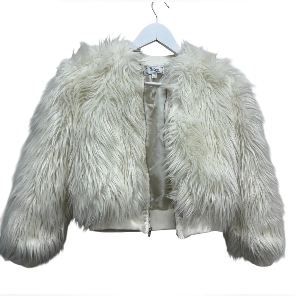 D-Signed Disney Ivory White Faux Fur Lined Zip Jacket Girls Size Medium 10/12 - Picture 6 of 9